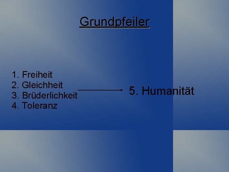 Grundpfeiler 1. Freiheit 2. Gleichheit 3. Brüderlichkeit 4. Toleranz 5. Humanität 