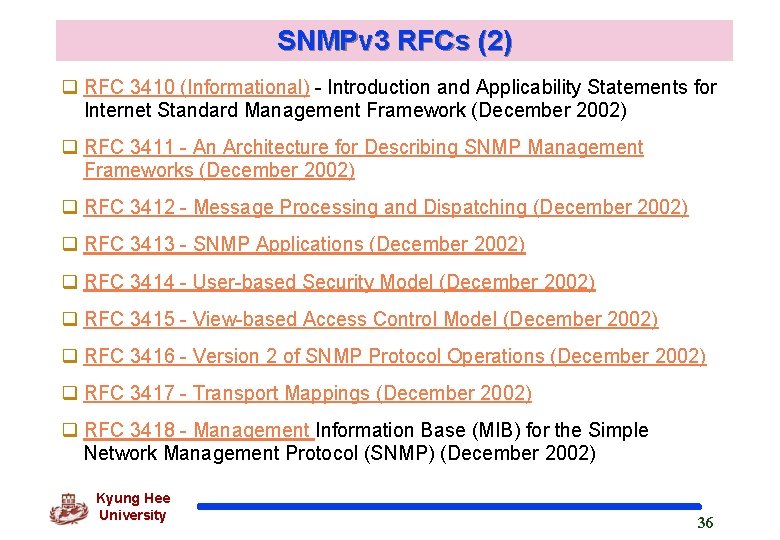 SNMPv 3 RFCs (2) q RFC 3410 (Informational) - Introduction and Applicability Statements for