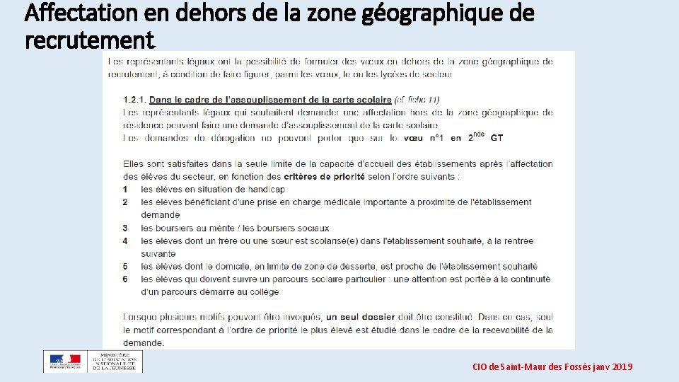 Affectation en dehors de la zone géographique de recrutement CIO de Saint-Maur des Fossés