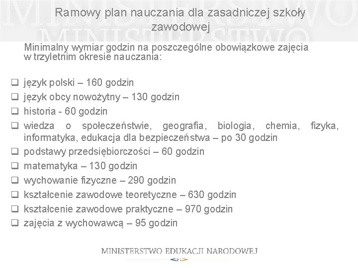 Ramowy plan nauczania dla zasadniczej szkoły zawodowej Minimalny wymiar godzin na poszczególne obowiązkowe zajęcia