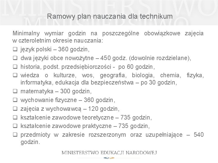  Ramowy plan nauczania dla technikum Minimalny wymiar godzin na poszczególne obowiązkowe zajęcia w