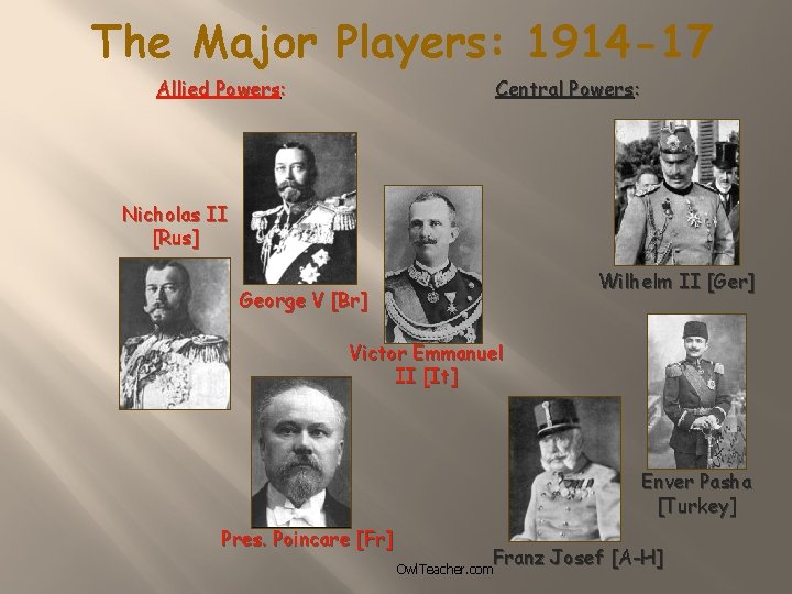 The Major Players: 1914 -17 Allied Powers: Central Powers: Nicholas II [Rus] Wilhelm II