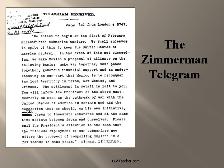 The Zimmerman Telegram Owl. Teacher. com 