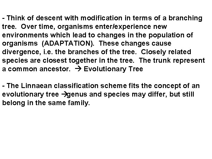 - Think of descent with modification in terms of a branching tree. Over time,