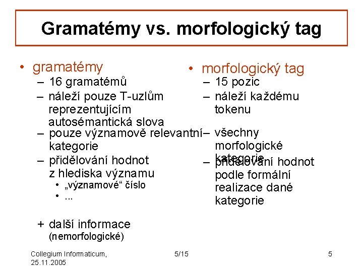 Gramatémy vs. morfologický tag • gramatémy • morfologický tag – 16 gramatémů – –