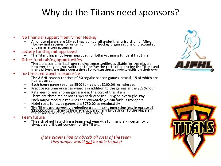 Why do the Titans need sponsors? • No financial support from Minor Hockey •