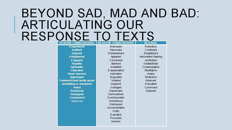 BEYOND SAD, MAD AND BAD: ARTICULATING OUR RESPONSE TO TEXTS POSITIVE CONNOTATIONS Empowered Uplifted