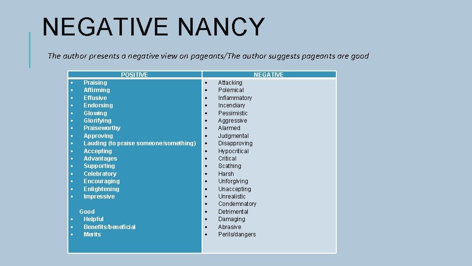 NEGATIVE NANCY The author presents a negative view on pageants/The author suggests pageants are