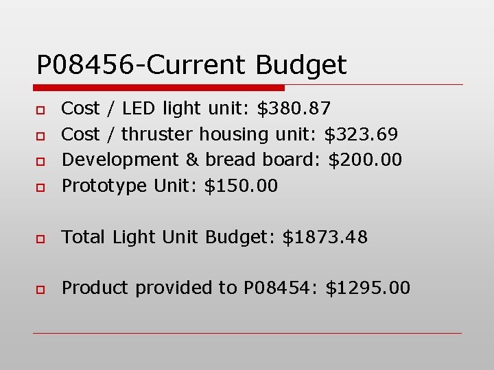 P 08456 -Current Budget o Cost / LED light unit: $380. 87 Cost / P 08456 -Current Budget o Cost / LED light unit: $380. 87 Cost /