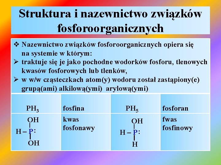 Struktura i nazewnictwo związków fosforoorganicznych v Nazewnictwo związków fosforoorganicznych opiera się na systemie w