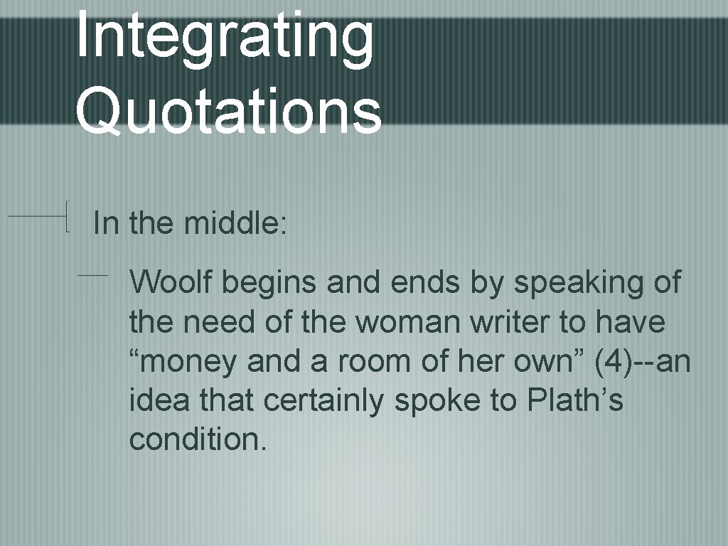 Integrating Quotations In the middle: Woolf begins and ends by speaking of the need