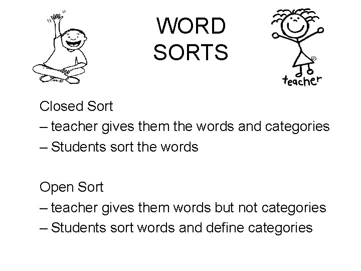 WORD SORTS Closed Sort – teacher gives them the words and categories – Students