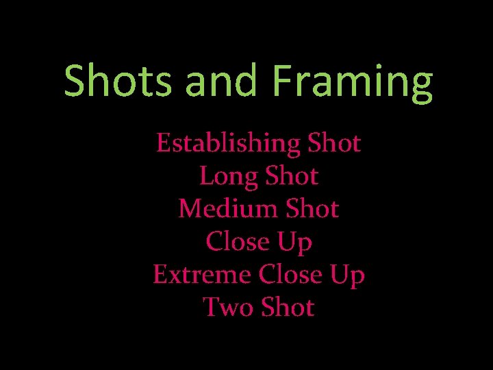 Shots and Framing Establishing Shot Long Shot Medium Shot Close Up Extreme Close Up