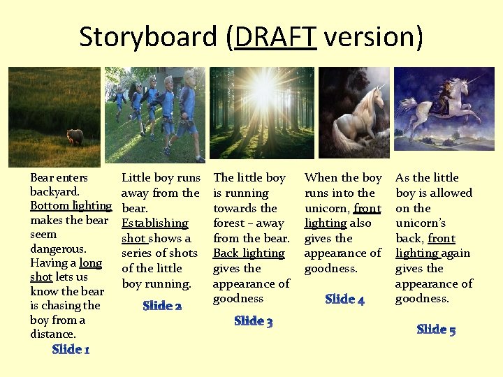 Storyboard (DRAFT version) Bear enters backyard. Bottom lighting makes the bear seem dangerous. Having Storyboard (DRAFT version) Bear enters backyard. Bottom lighting makes the bear seem dangerous. Having
