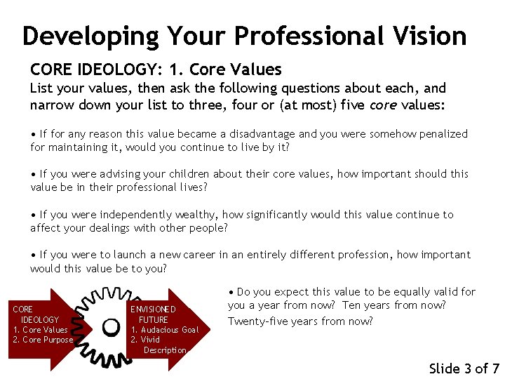 Developing Your Professional Vision CORE IDEOLOGY: 1. Core Values List your values, then ask Developing Your Professional Vision CORE IDEOLOGY: 1. Core Values List your values, then ask