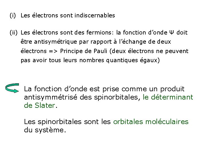 (i) Les électrons sont indiscernables (ii) Les électrons sont des fermions: la fonction d’onde