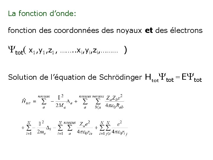 La fonction d’onde: fonction des coordonnées des noyaux et des électrons Ytot( x 1,