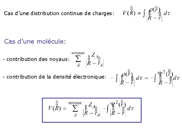 Cas d’une distribution continue de charges: Cas d’une molécule: - contribution des noyaux: -