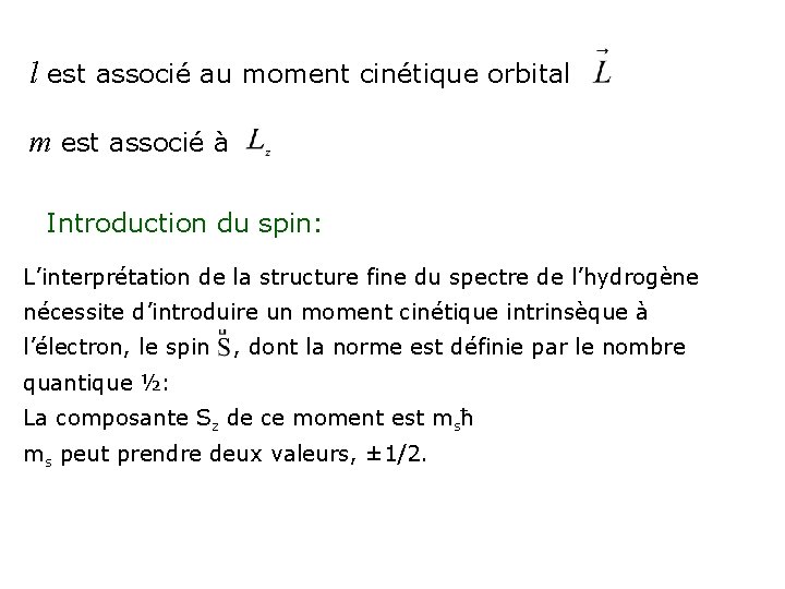 l est associé au moment cinétique orbital m est associé à Introduction du spin: