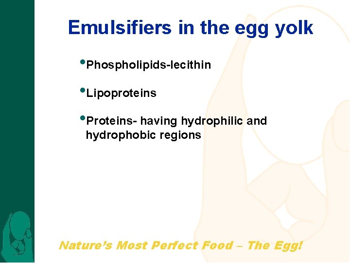 Emulsifiers in the egg yolk • Phospholipids-lecithin • Lipoproteins • Proteins- having hydrophilic and