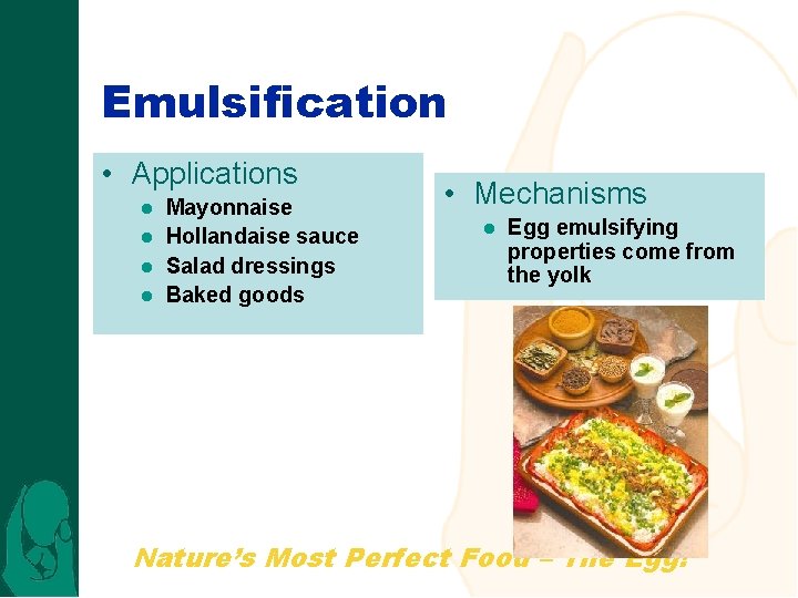 Emulsification • Applications Mayonnaise l Hollandaise sauce l Salad dressings l Baked goods l