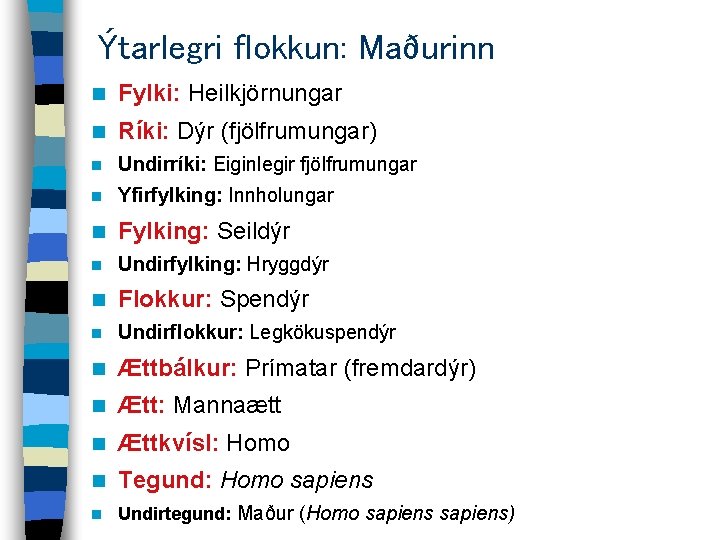 Ýtarlegri flokkun: Maðurinn n Fylki: Heilkjörnungar n Ríki: Dýr (fjölfrumungar) n Undirríki: Eiginlegir fjölfrumungar