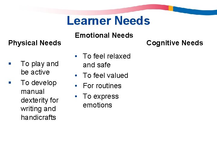 Learner Needs Physical Needs § § To play and be active To develop manual