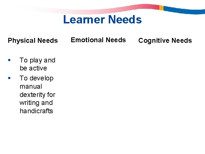 Learner Needs Physical Needs § § To play and be active To develop manual