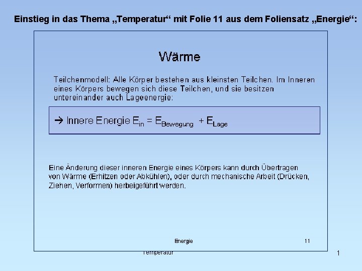 Einstieg in das Thema „Temperatur“ mit Folie 11 aus dem Foliensatz „Energie“: Temperatur 1