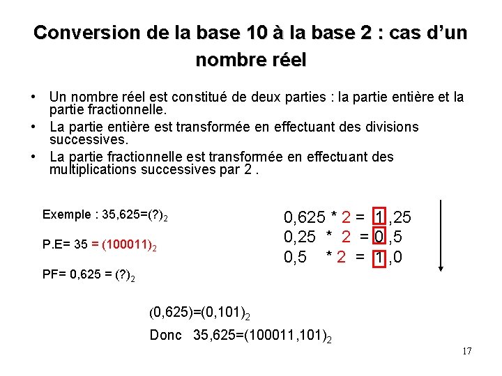 Conversion de la base 10 à la base 2 : cas d’un nombre réel