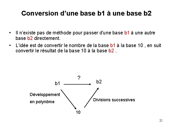 Conversion d’une base b 1 à une base b 2 • Il n’existe pas