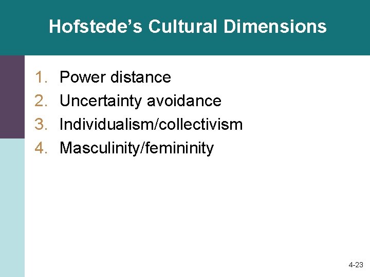 Hofstede’s Cultural Dimensions 1. 2. 3. 4. Power distance Uncertainty avoidance Individualism/collectivism Masculinity/femininity 4