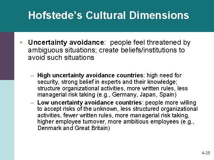 Hofstede’s Cultural Dimensions • Uncertainty avoidance: people feel threatened by ambiguous situations; create beliefs/institutions