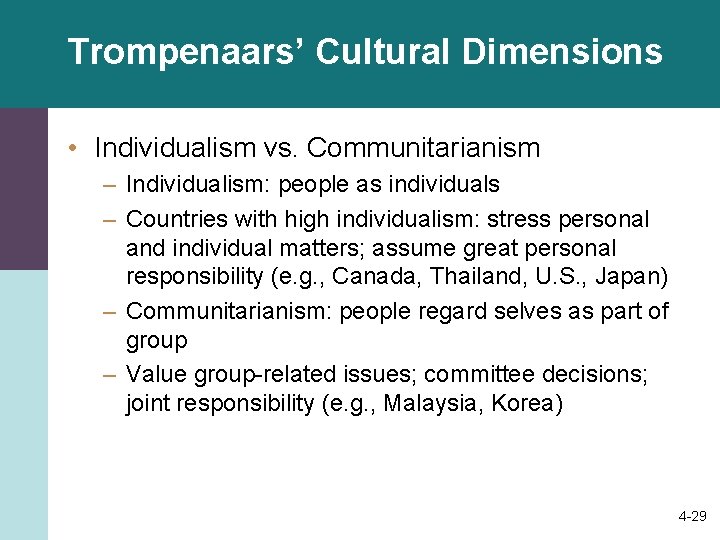 Trompenaars’ Cultural Dimensions • Individualism vs. Communitarianism – Individualism: people as individuals – Countries