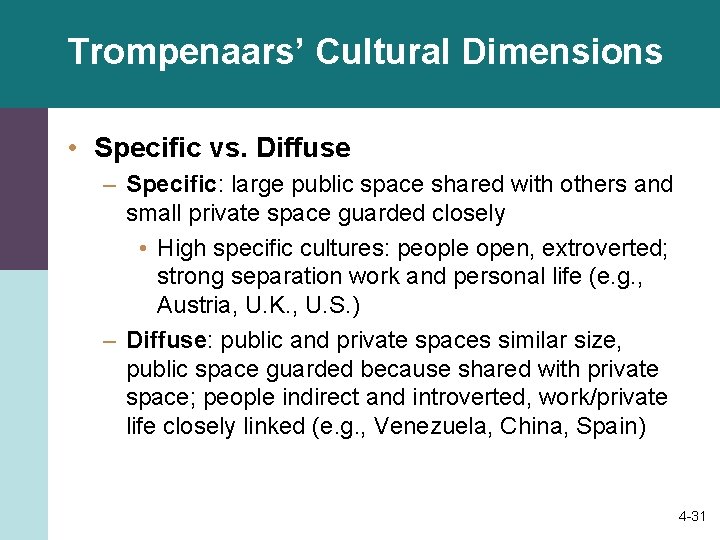 Trompenaars’ Cultural Dimensions • Specific vs. Diffuse – Specific: large public space shared with