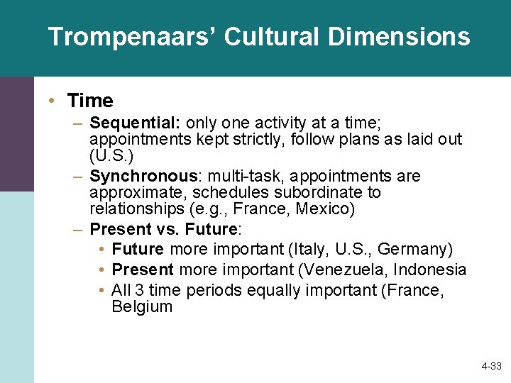 Trompenaars’ Cultural Dimensions • Time – Sequential: only one activity at a time; appointments