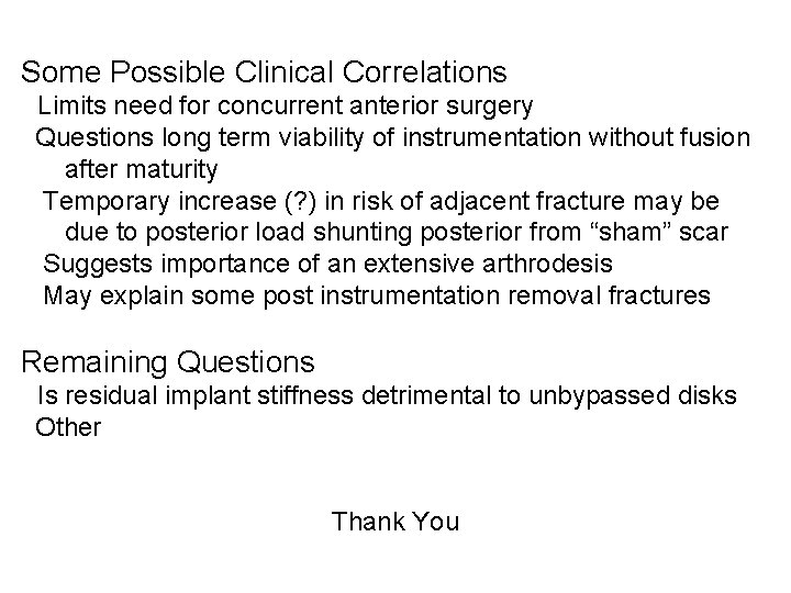 Some Possible Clinical Correlations Limits need for concurrent anterior surgery Questions long term viability