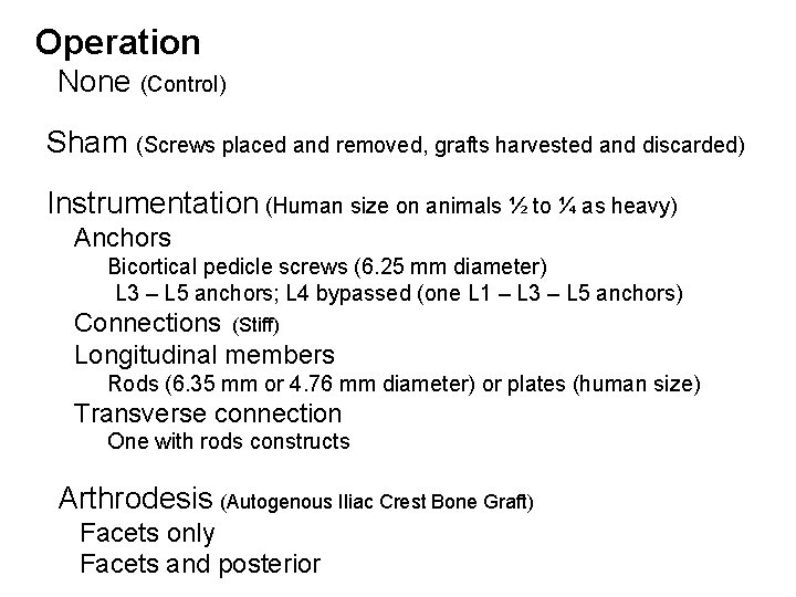 Operation None (Control) Sham (Screws placed and removed, grafts harvested and discarded) Instrumentation (Human