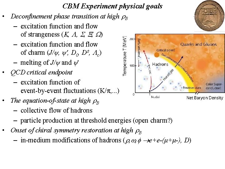 CBM Experiment physical goals • Deconfinement phase transition at high B – excitation function
