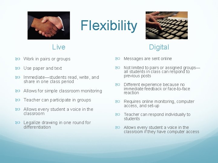 Flexibility Live Digital Work in pairs or groups Messages are sent online Use paper Flexibility Live Digital Work in pairs or groups Messages are sent online Use paper