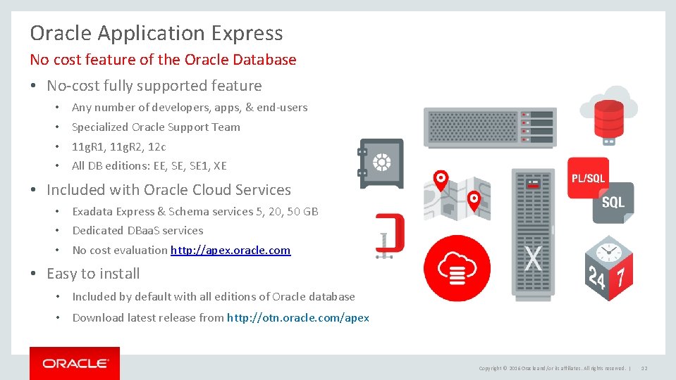 Oracle Application Express No cost feature of the Oracle Database • No-cost fully supported