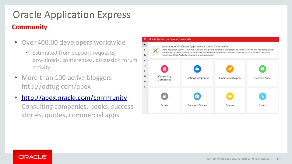 Oracle Application Express Community • Over 400, 00 developers worldwide • Estimated from support