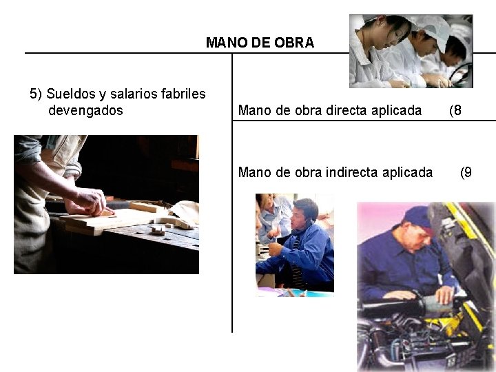MANO DE OBRA 5) Sueldos y salarios fabriles devengados Mano de obra directa aplicada MANO DE OBRA 5) Sueldos y salarios fabriles devengados Mano de obra directa aplicada