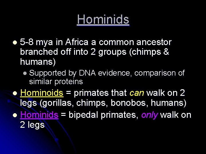 Hominids l 5 -8 mya in Africa a common ancestor branched off into 2