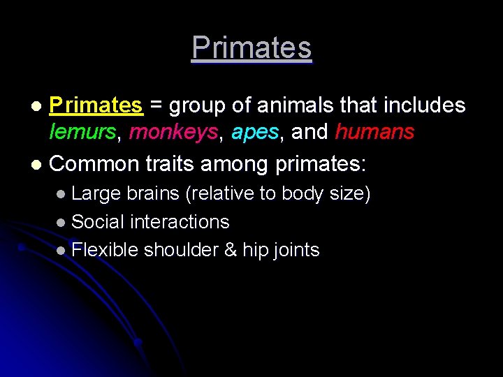 Primates = group of animals that includes lemurs, monkeys, apes, and humans l Common