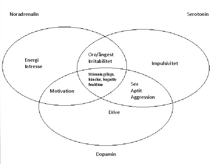 Noradrenalin Serotonin Oro/ångest Irritabilitet Energi Intresse Stämningsläge, känslor, kognitiv funktion Motivation Drive Dopamin Impulsivitet