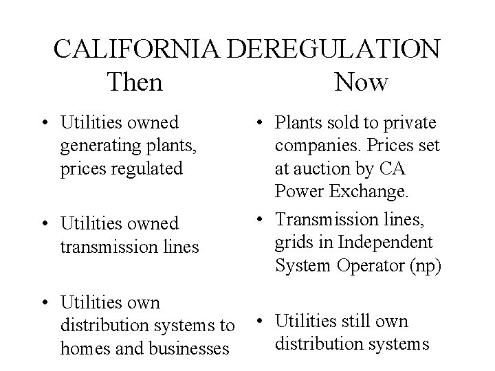 CALIFORNIA DEREGULATION Then Now • Utilities owned generating plants, prices regulated • Utilities owned