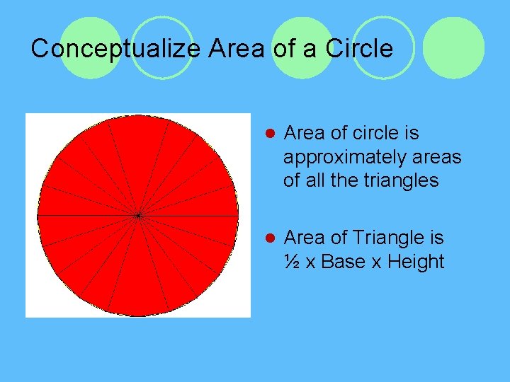 Conceptualize Area of a Circle l Area of circle is approximately areas of all