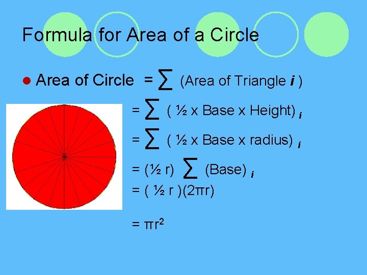 Formula for Area of a Circle l Area of Circle = ∑ (Area of