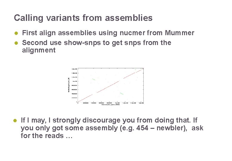 Calling variants from assemblies First align assemblies using nucmer from Mummer Second use show-snps